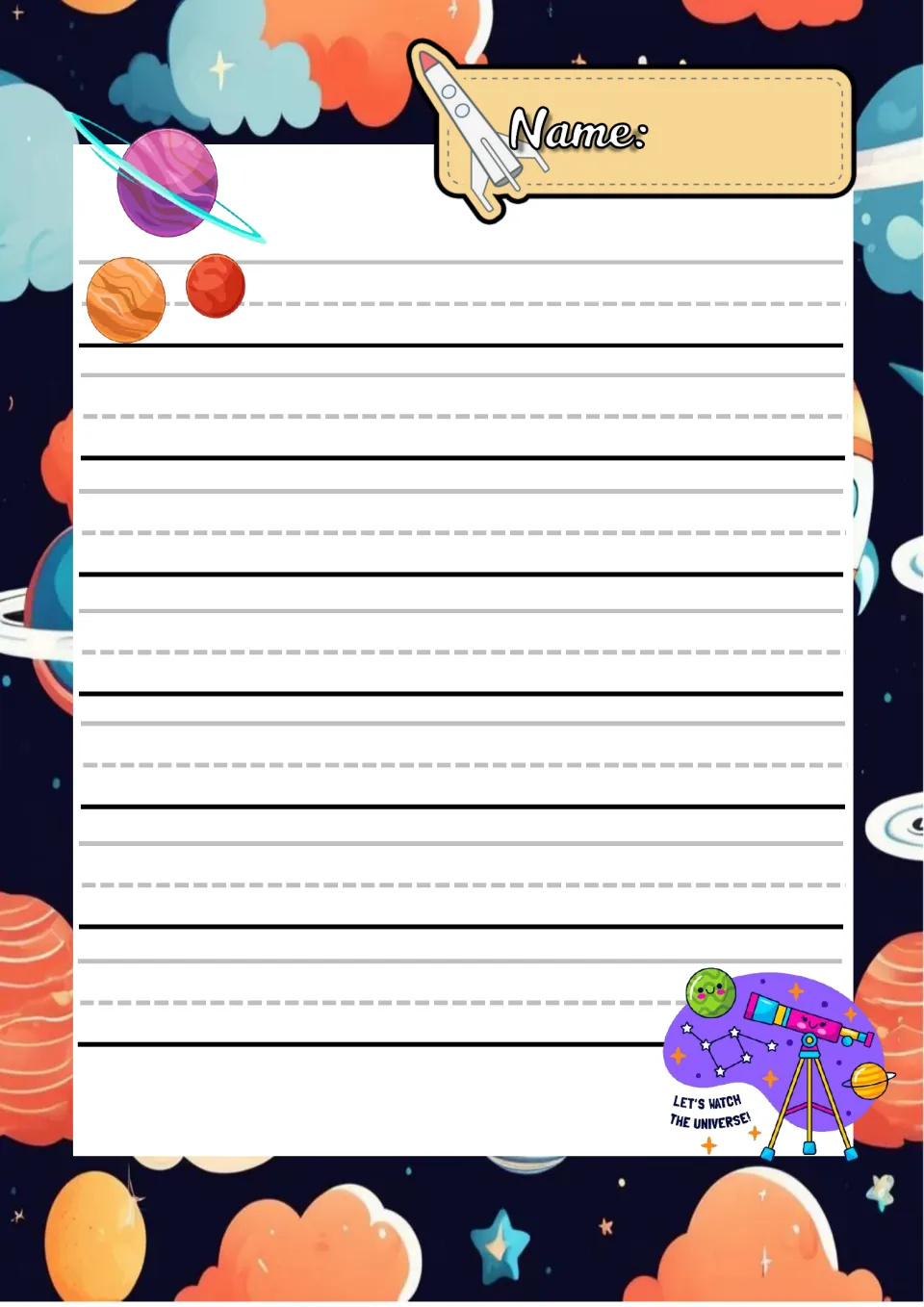 Planet-themed handwriting paper with a Name label, three planets and a Let's Watch the Universe! telescope for printing