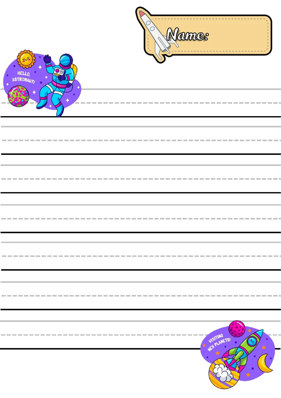 Astronaut handwriting paper on white: Hello, Astronaut! and Visiting New Planets! stickers with a Name label for printing