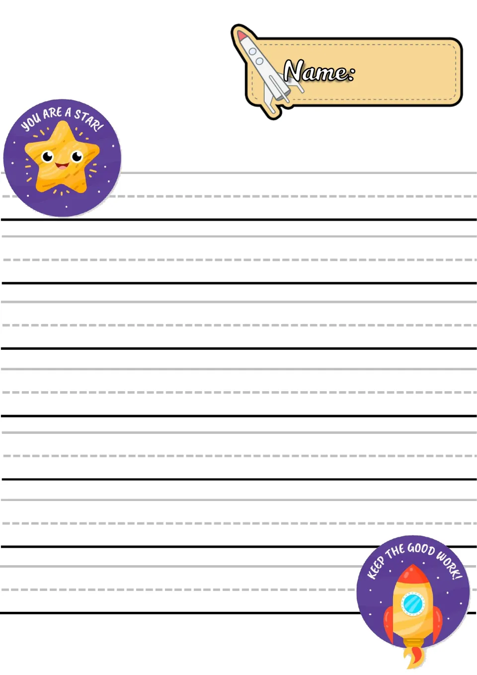 Space handwriting paper with a You Are a Star! star badge and a Keep the Good Work! rocket badge for printing practice