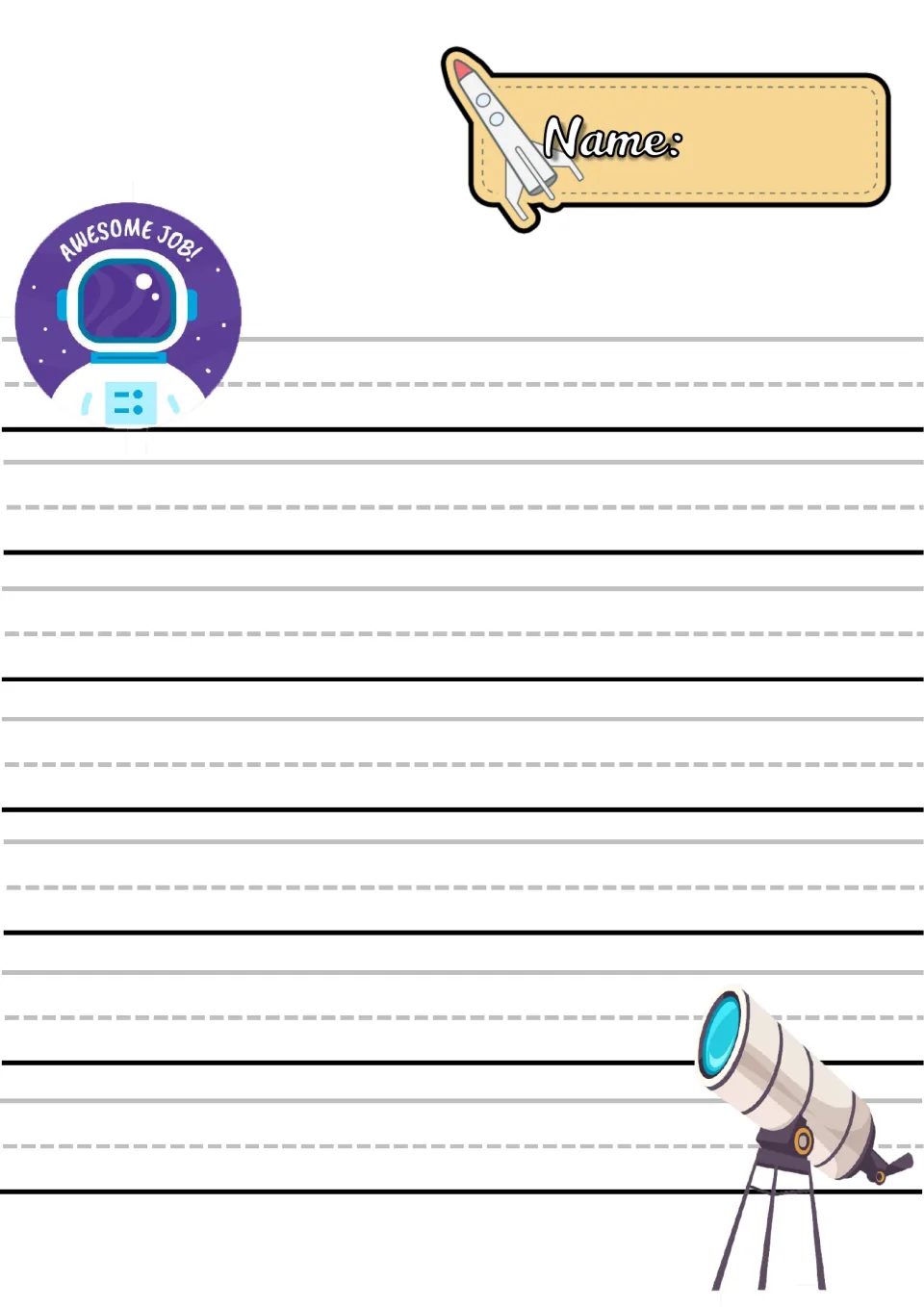 Telescope handwriting paper with an Awesome Job! astronaut badge and a Name label for letter formation practice