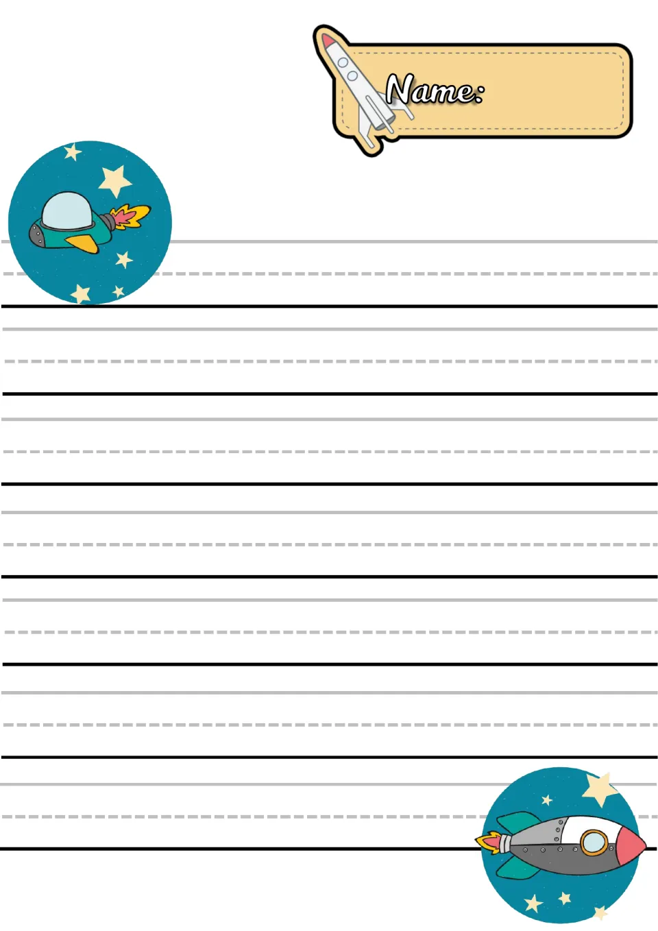 Rocket handwriting paper: a cartoon spaceship and a rocket fly among stars beside a Name label, for printing practice