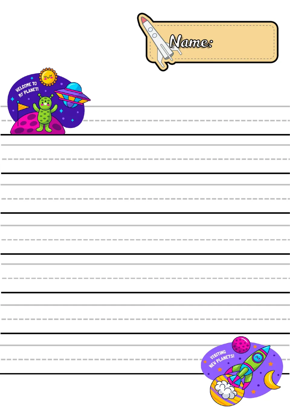 Alien handwriting paper with a Welcome to My Planet! green alien and UFO plus a Visiting New Planets! rocket for printing