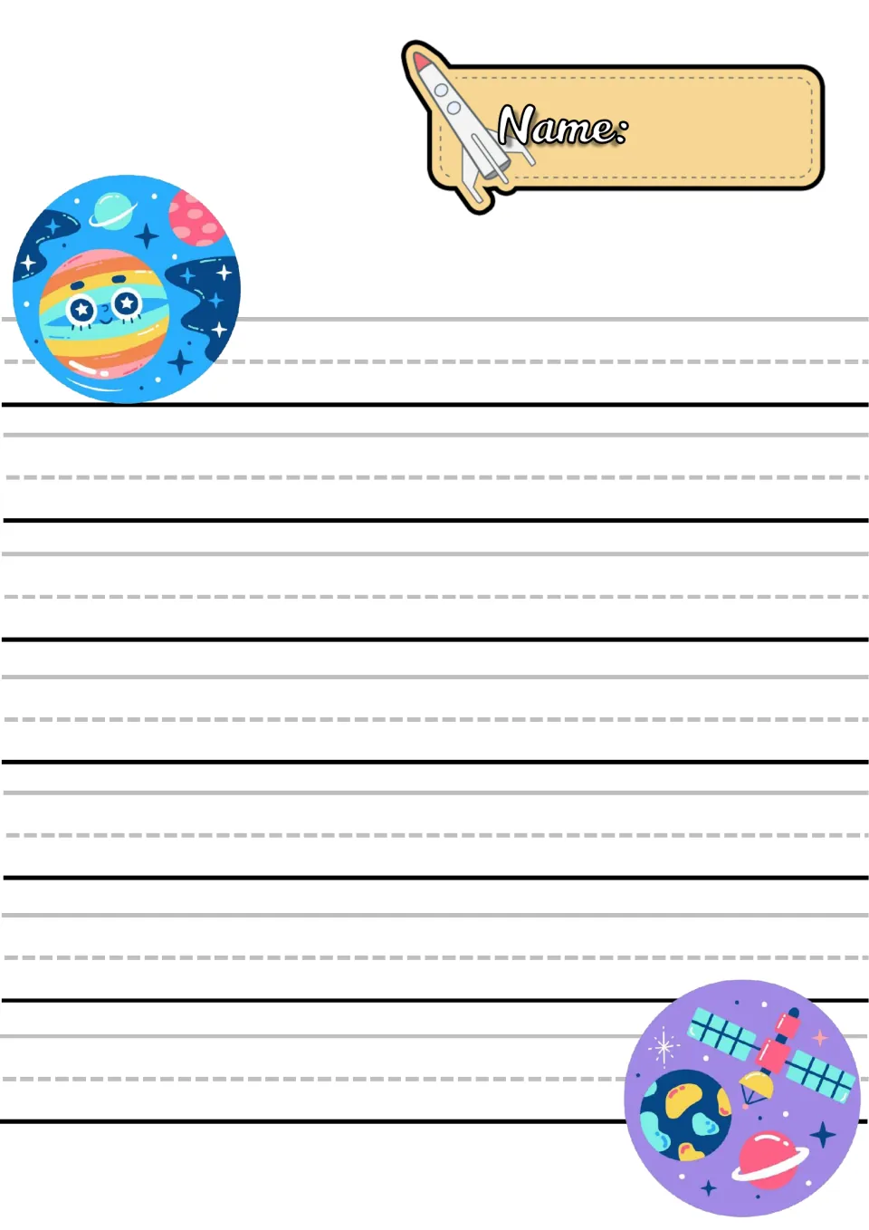 Planet handwriting paper with a smiling rainbow planet and a satellite above Earth, for printing practice
