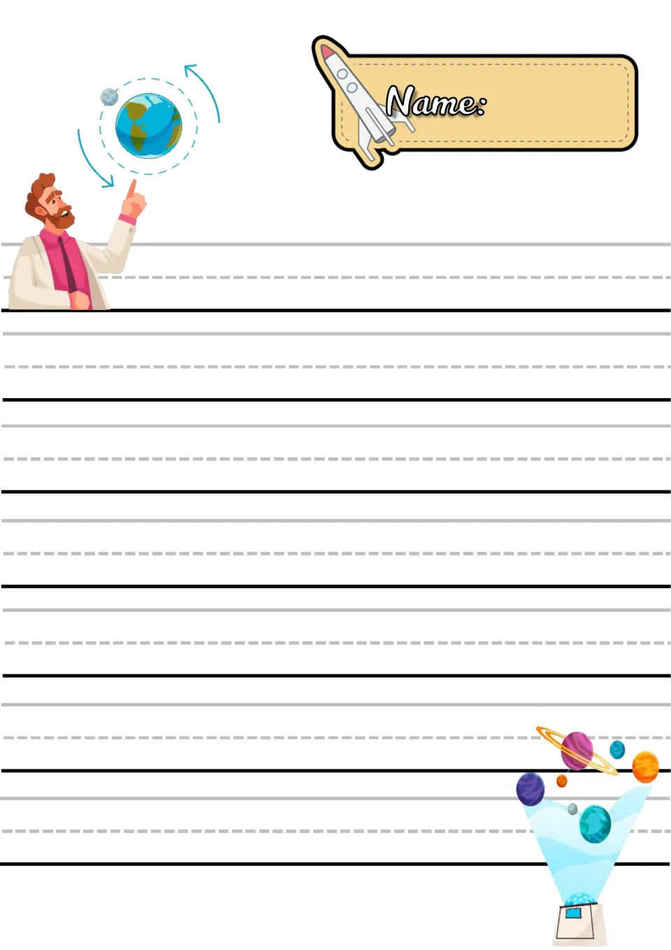 White-background handwriting paper: a man points at Earth and the Moon beside a planet projector, for printing practice