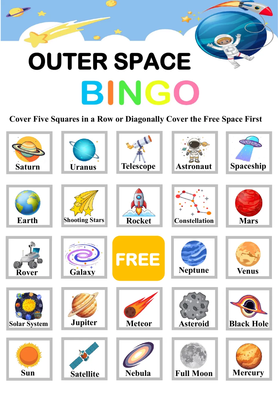 Outer space bingo card: students match called words like Saturn, Uranus, Telescope and Astronaut, aiming for five in a row