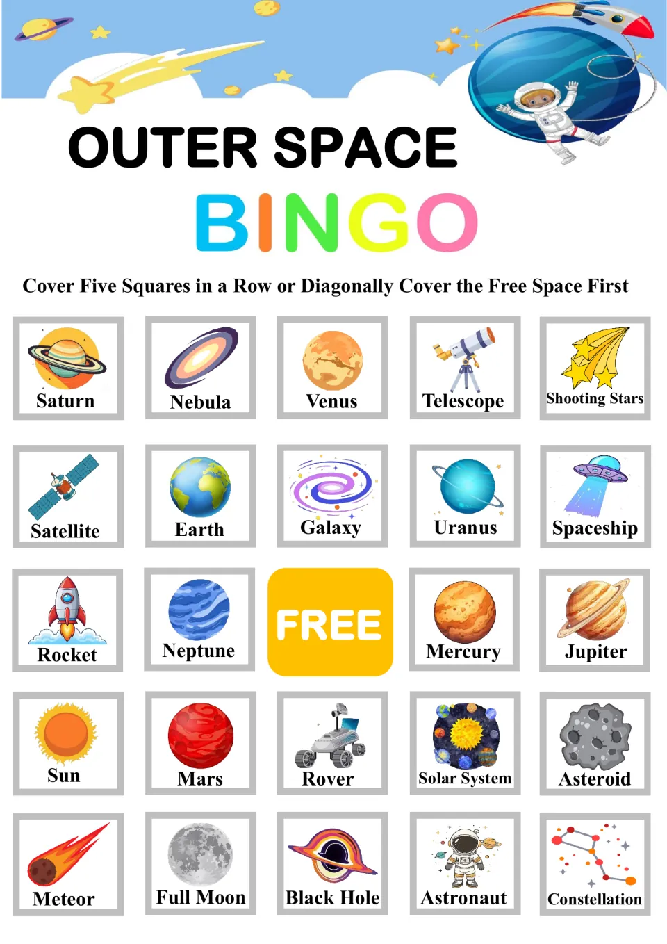 Space bingo card two: squares for Saturn, Nebula, Venus and Shooting Stars; cover five in a row after the free space