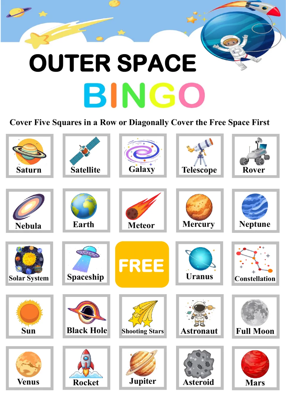 Bingo card with Saturn, Satellite, Galaxy and Rover across the top; students cover space pictures to get five in a row
