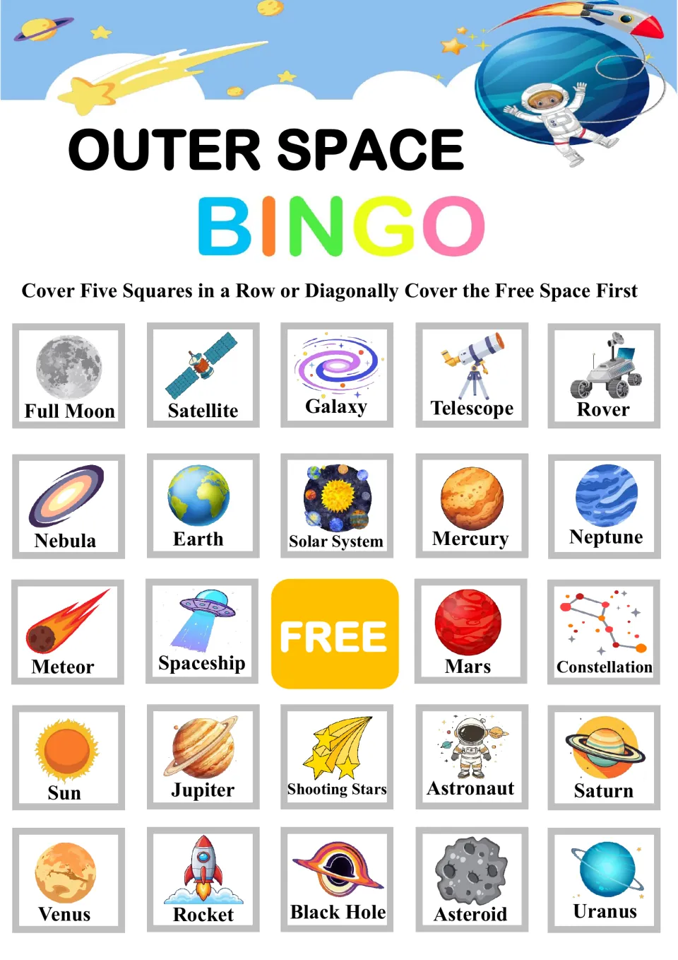 Space vocabulary bingo board starting with Full Moon, Satellite and Galaxy; students mark called words to complete a line
