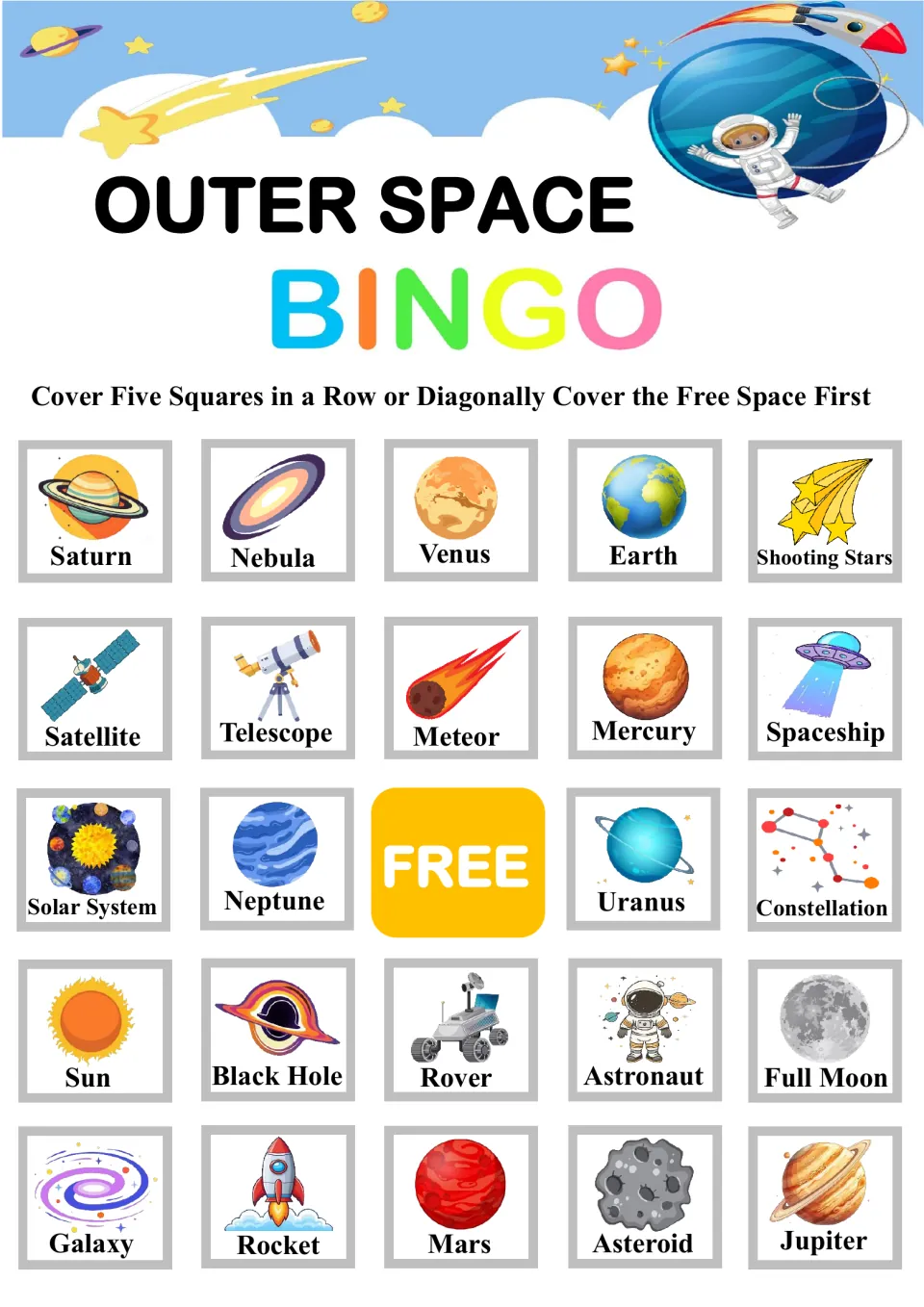 Another outer space bingo board led by Saturn, Nebula, Venus and Earth; children listen for called words and cover matches