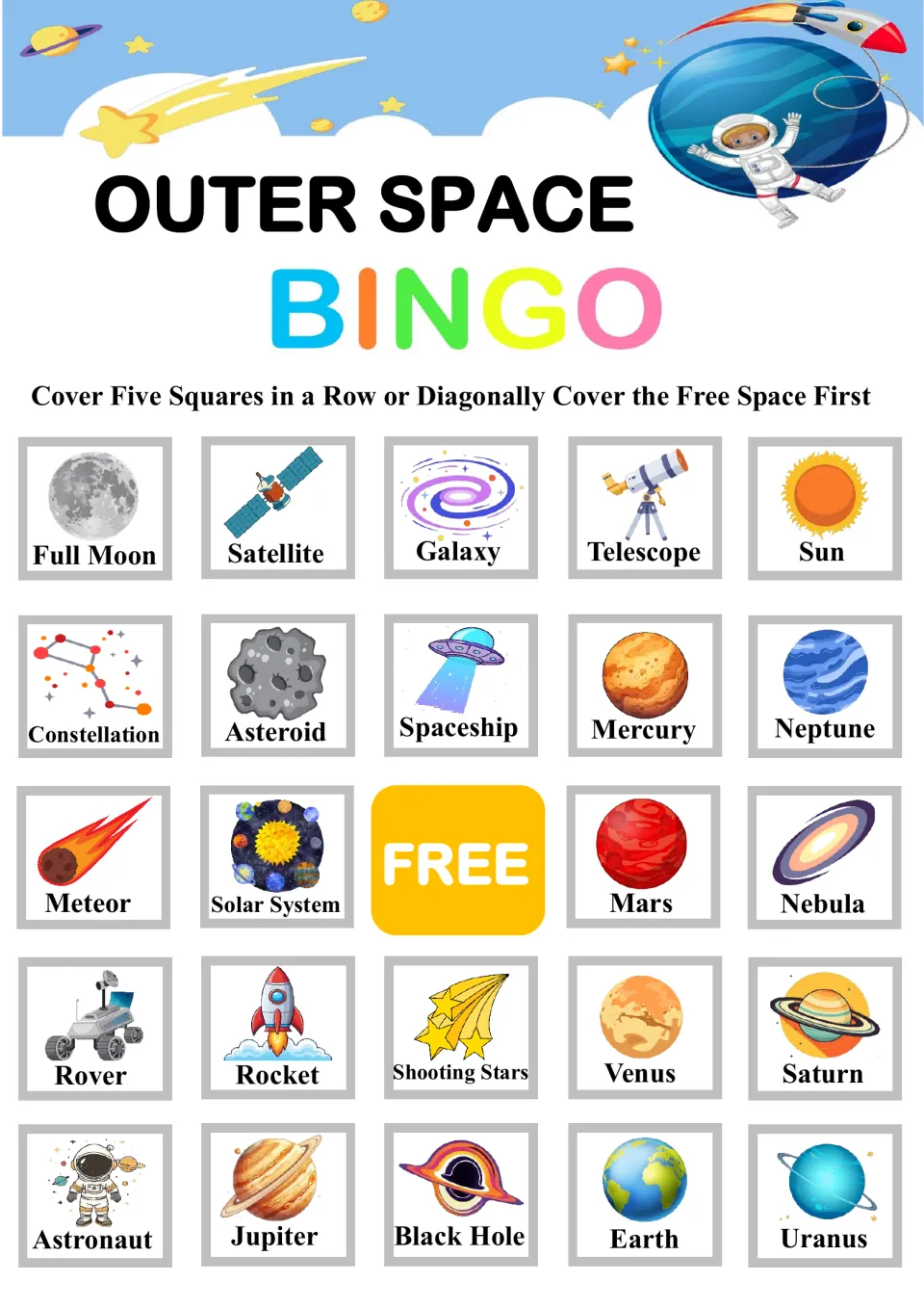 Final space bingo board with Full Moon, Satellite, Galaxy and Sun on top; students cover called words for five in a row