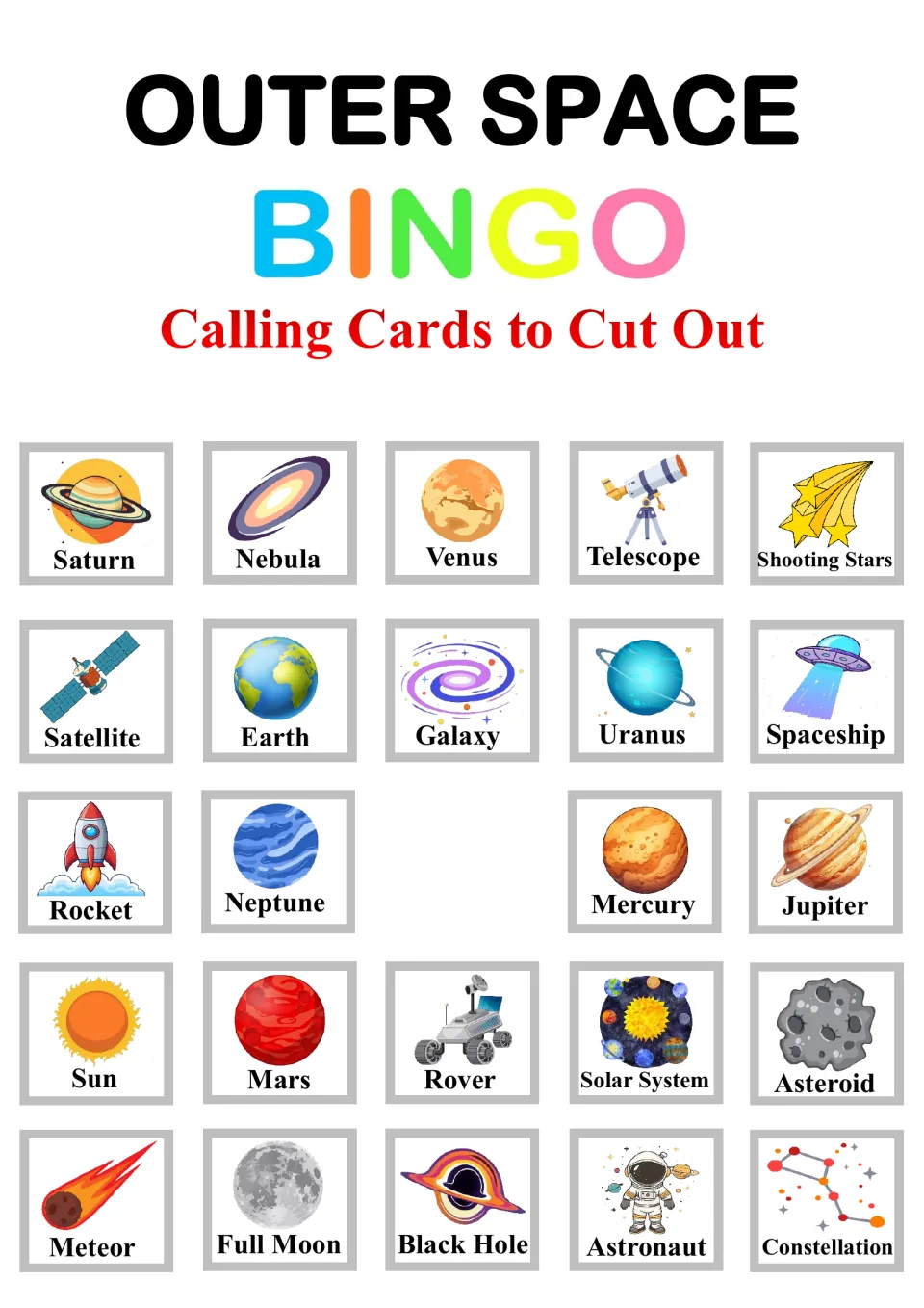Calling cards for outer space bingo: 24 picture cards, from Saturn and Nebula to Black Hole, for the caller to cut out