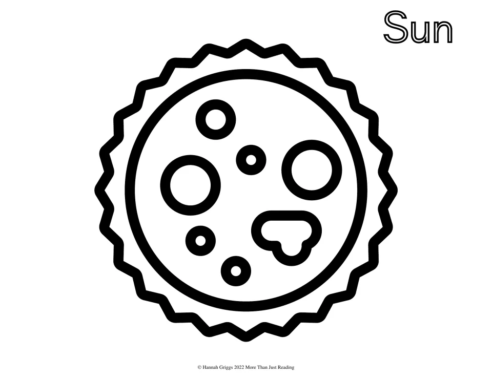Sun: students color a large sun with a zigzag rim and spots across its face, with the word Sun in outline letters to fill