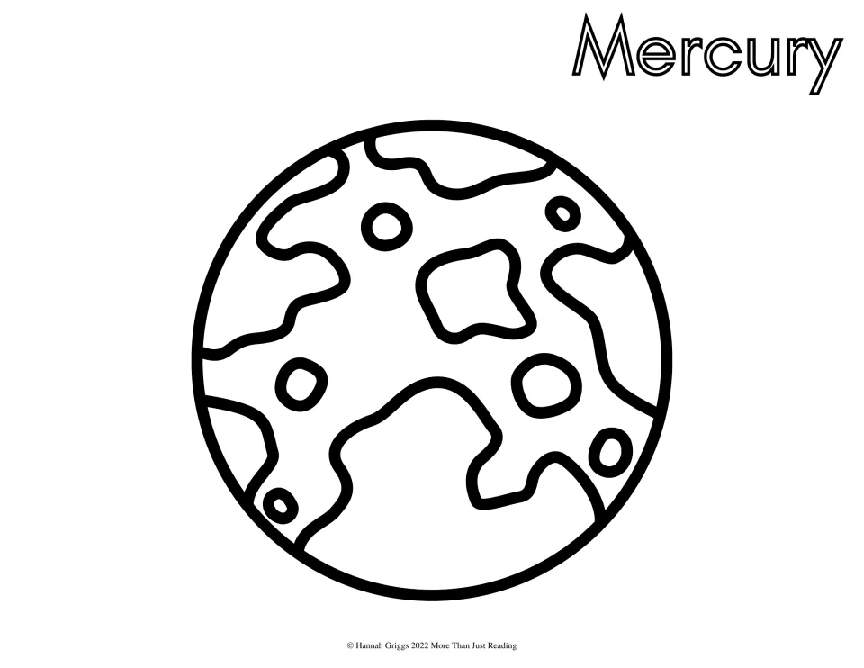 Mercury: students color a round planet covered in wavy patches and small craters, labeled with an outlined name to fill