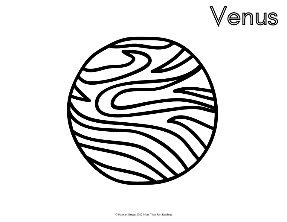 Venus: students color a planet drawn with swirling, wavy cloud bands, and can fill in the bubble-letter Venus heading