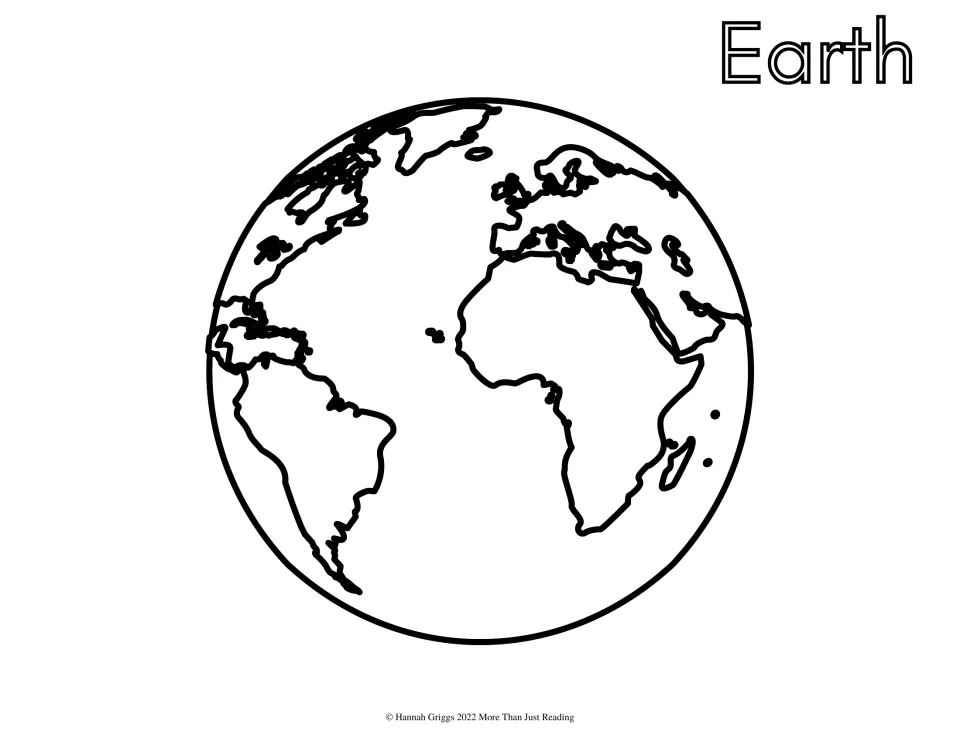 Earth: students color a globe outline showing the Americas, Europe and Africa, plus the hollow-letter Earth heading