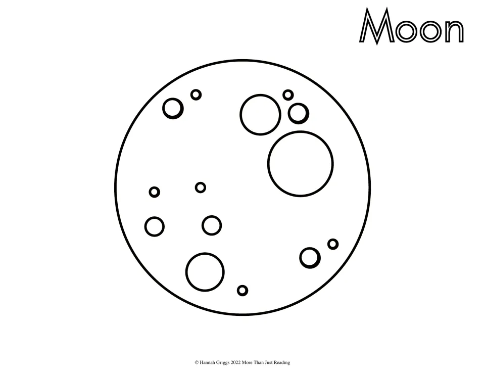 Moon: students color a full moon dotted with craters of many sizes and fill in the outlined word Moon at the top