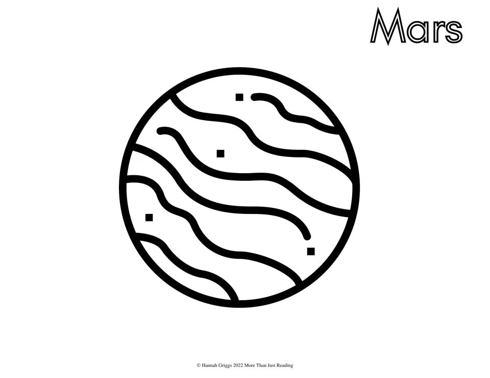 Mars: students color a planet crossed by wavy stripes and small square dots, with the name Mars in outline letters
