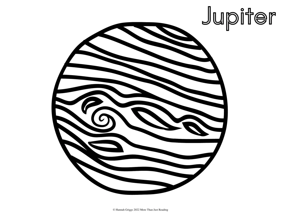 Jupiter: students color a striped gas giant with swirling storm bands and fill in the outlined Jupiter heading