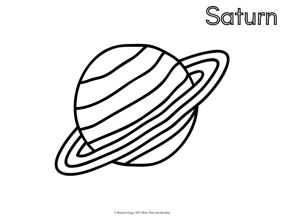 Saturn: students color a striped planet wrapped in wide rings, with the planet's name in hollow letters above it