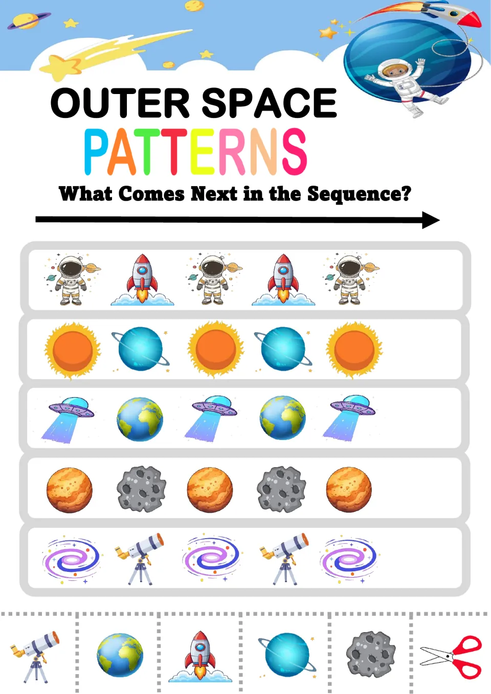 Outer space AB patterns: students cut out pictures to finish rows like astronaut-rocket and sun-planet sequences