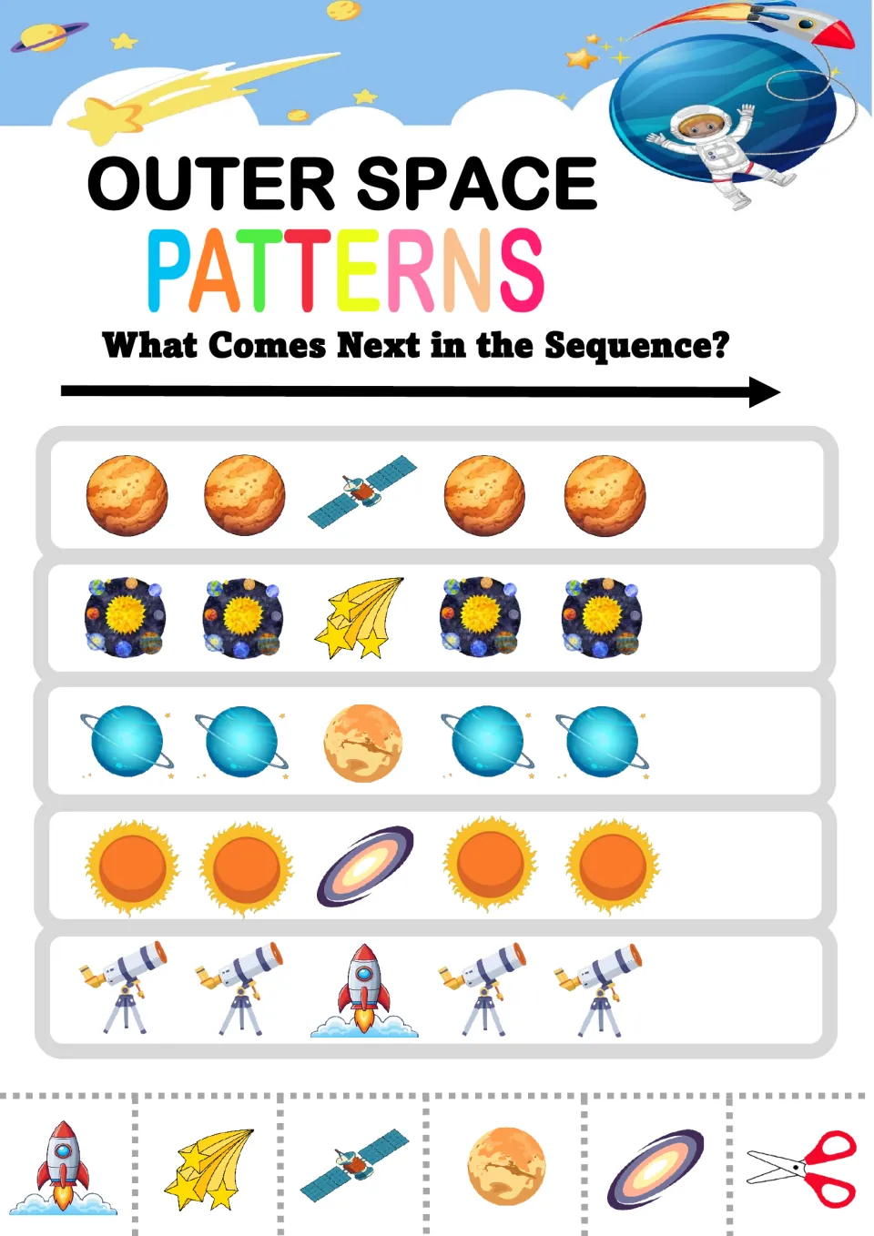 AABAA space patterns: students pick which picture comes next after rows like planet-planet-satellite-planet-planet