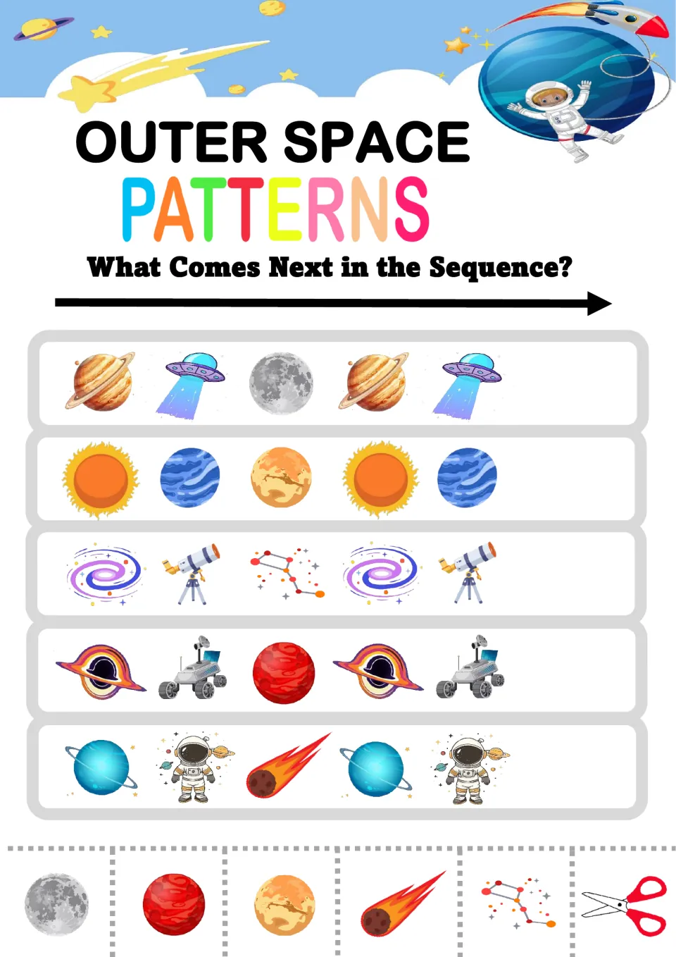 ABC space patterns: students extend rows like Saturn-UFO-moon and galaxy-telescope-constellation with cut-outs