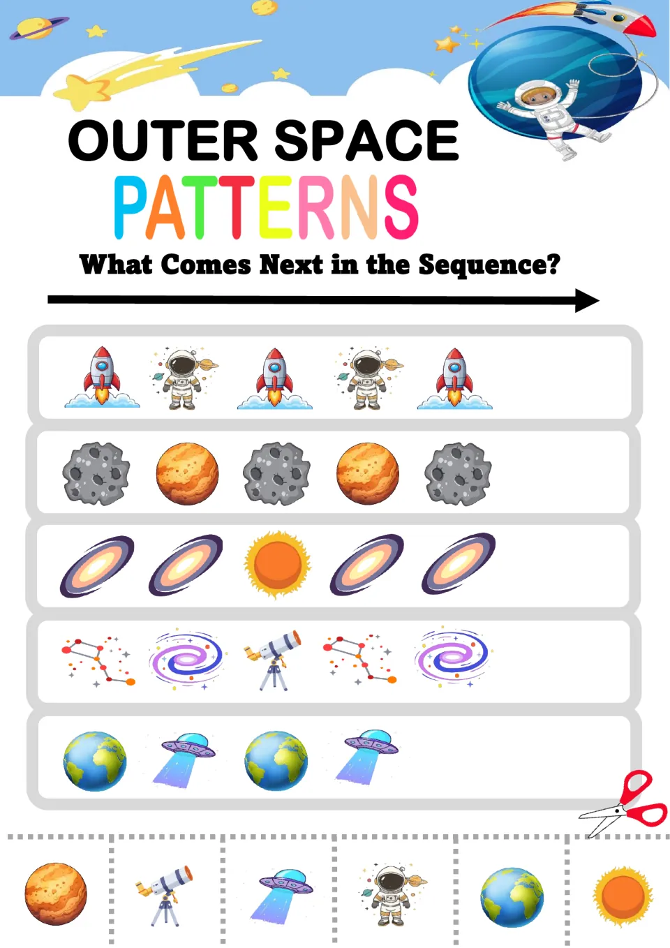 Mixed space patterns: rocket-astronaut, asteroid-planet and Earth-UFO rows ask students to cut and glue what comes next