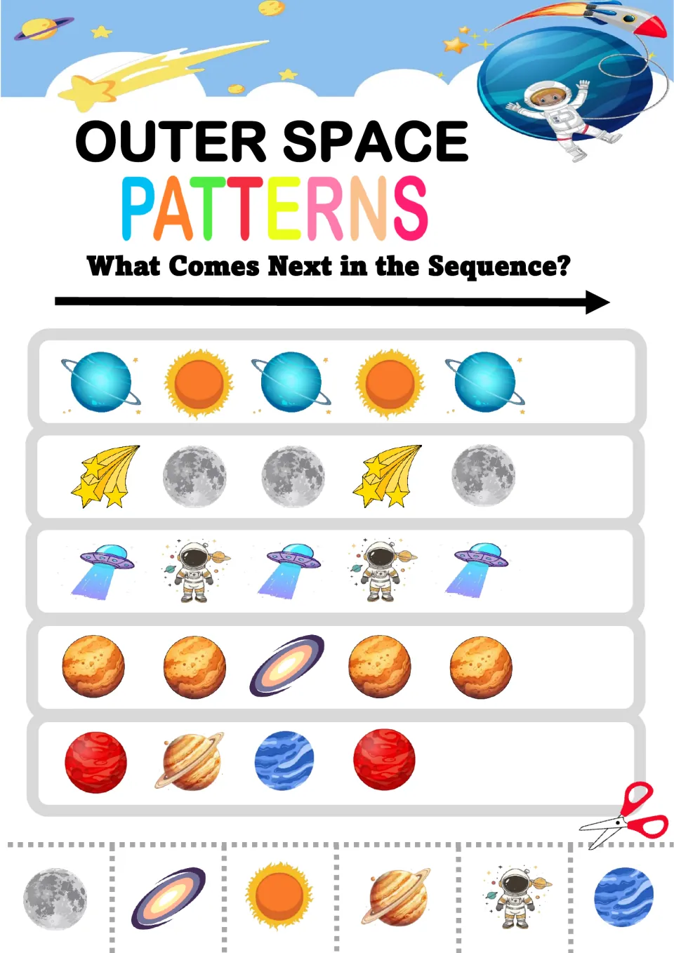 Space sequence puzzle: students complete AB, ABB and AABAA rows plus a red planet-ringed planet-blue planet ABC row