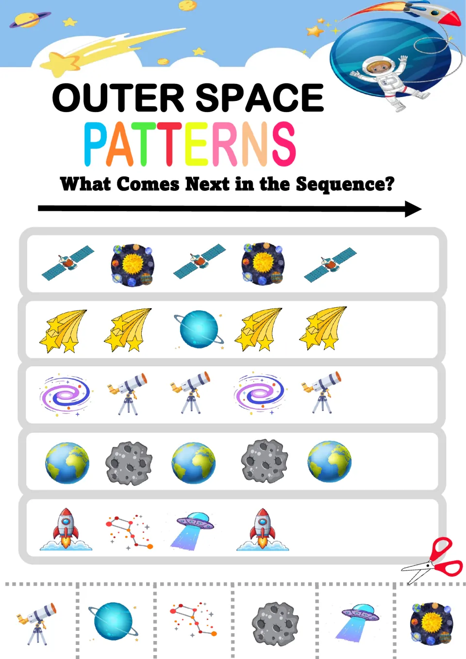 Next-in-sequence space puzzle: satellite-solar system, galaxy-telescope and rocket-constellation-UFO rows to finish