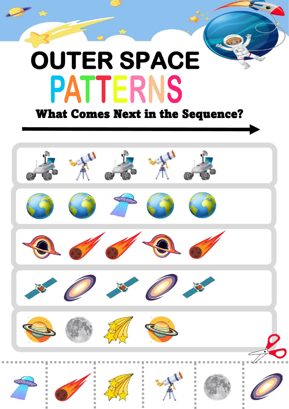 Space picture patterns: rover-telescope, Earth-UFO, black hole-comet and Saturn-moon-star rows to extend by cut and glue