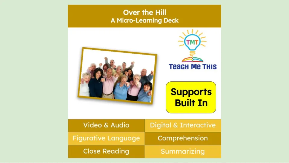 Cover of Over the Hill, a micro-learning deck featuring figurative language, comprehension, and summarizing
