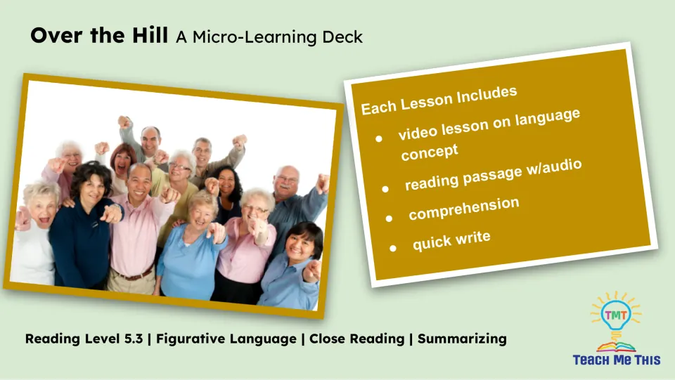 Lesson overview lists a language concept video, a reading passage with audio, comprehension, and a quick write