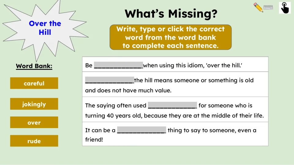 Fill-in-the-blank practice uses careful, jokingly, over, and rude to complete four sentences from the passage
