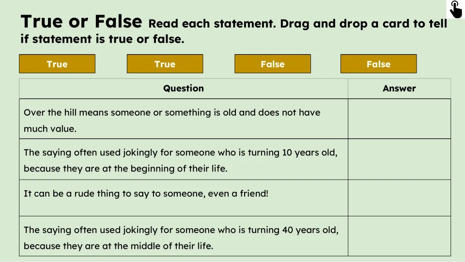 True-or-false practice asks about the idiom's meaning, birthdays at ages 10 and 40, and potentially rude usage