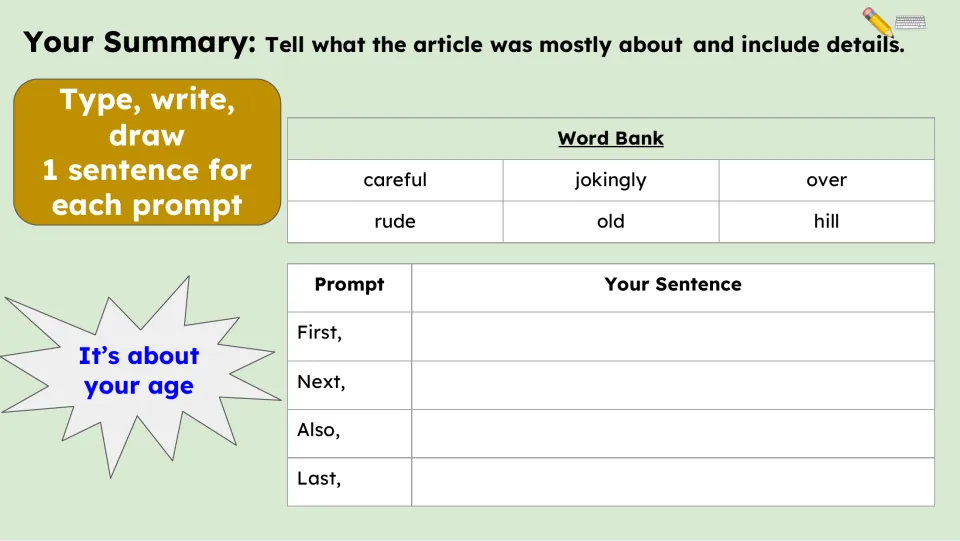 Summary activity asks for one sentence each using First, Next, Also, and Last, supported by a six-word bank