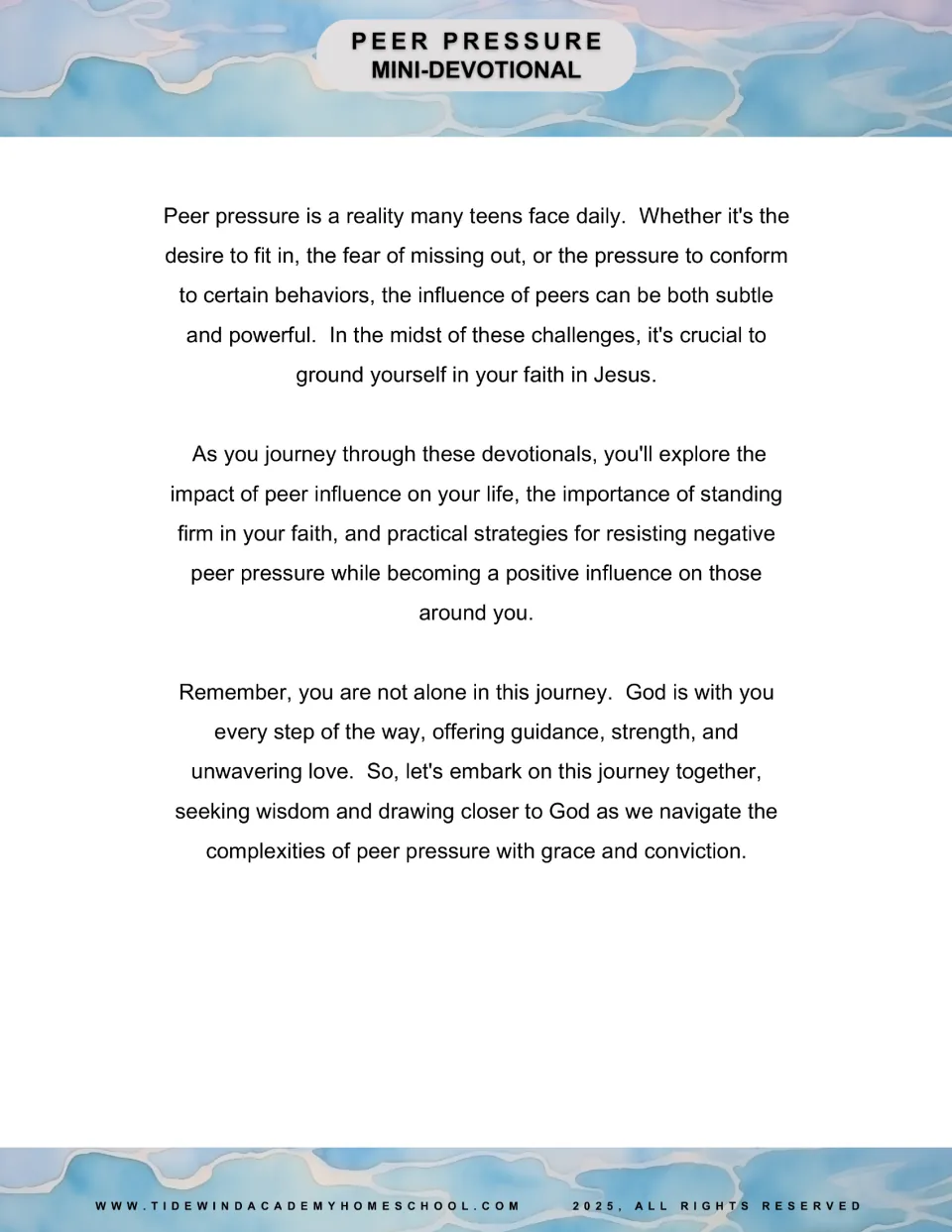 Devotional introduction about peer influence, standing firm in faith in Jesus, and resisting peer pressure