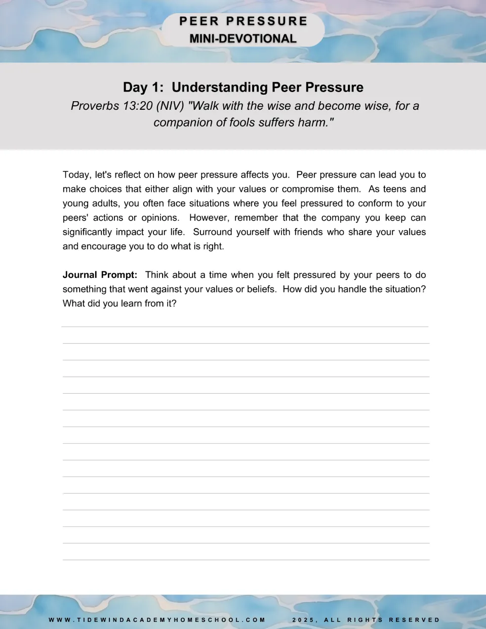 Day 1 devotional: Understanding Peer Pressure, Proverbs 13:20, and a journal prompt about pressured choices