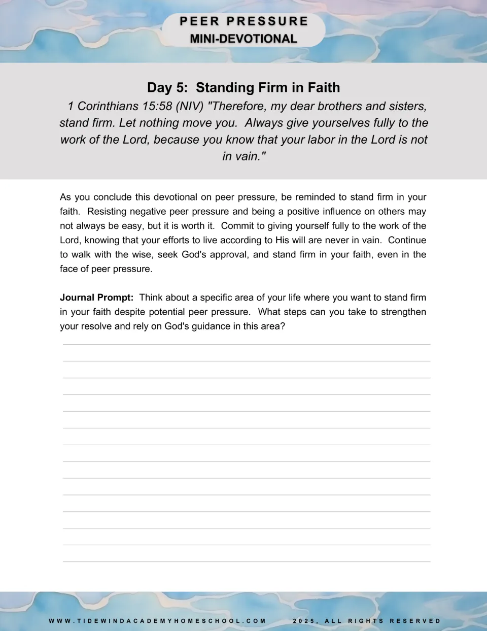 Day 5 devotional: Standing Firm in Faith, 1 Corinthians 15:58, and journaling about faith despite peer pressure