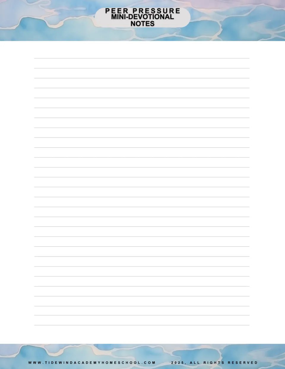 Second supplied notes page for the peer pressure mini-devotional, for recording ideas, prayers, and key points