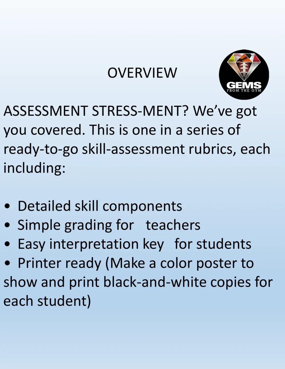 Rubric overview lists detailed skill components, teacher grading, a student interpretation key, and printing tips.