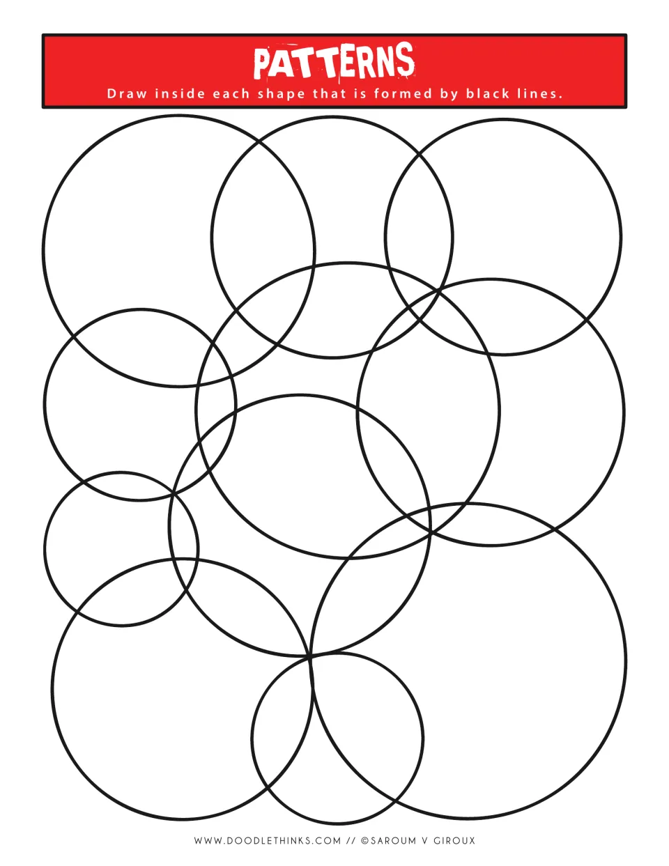 Patterns drawing prompt in red: students fill every space made by overlapping circles of many sizes with their own designs