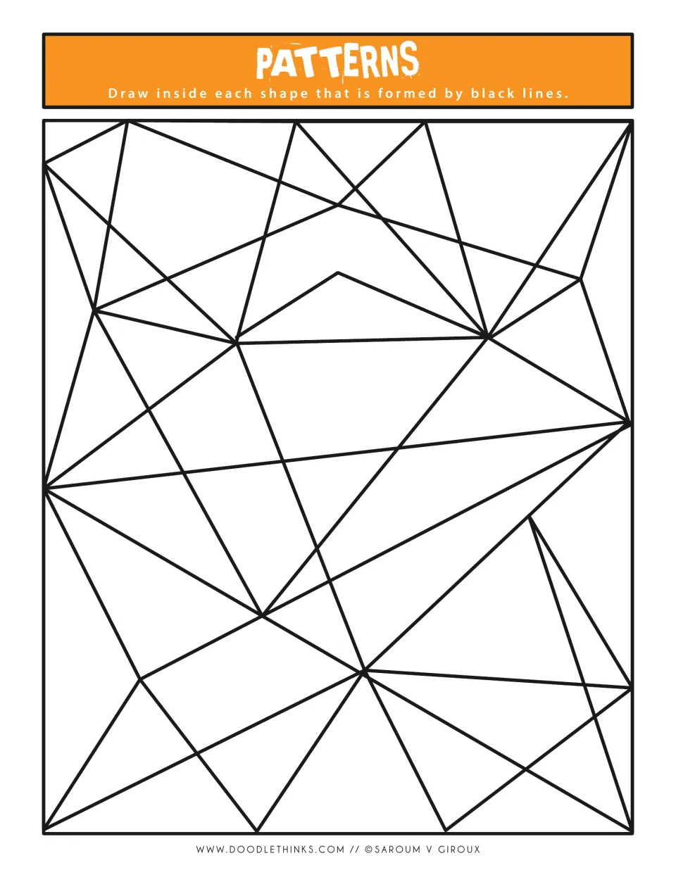 Patterns drawing prompt in orange: students fill each triangle and angular space formed by crossing strokes with designs