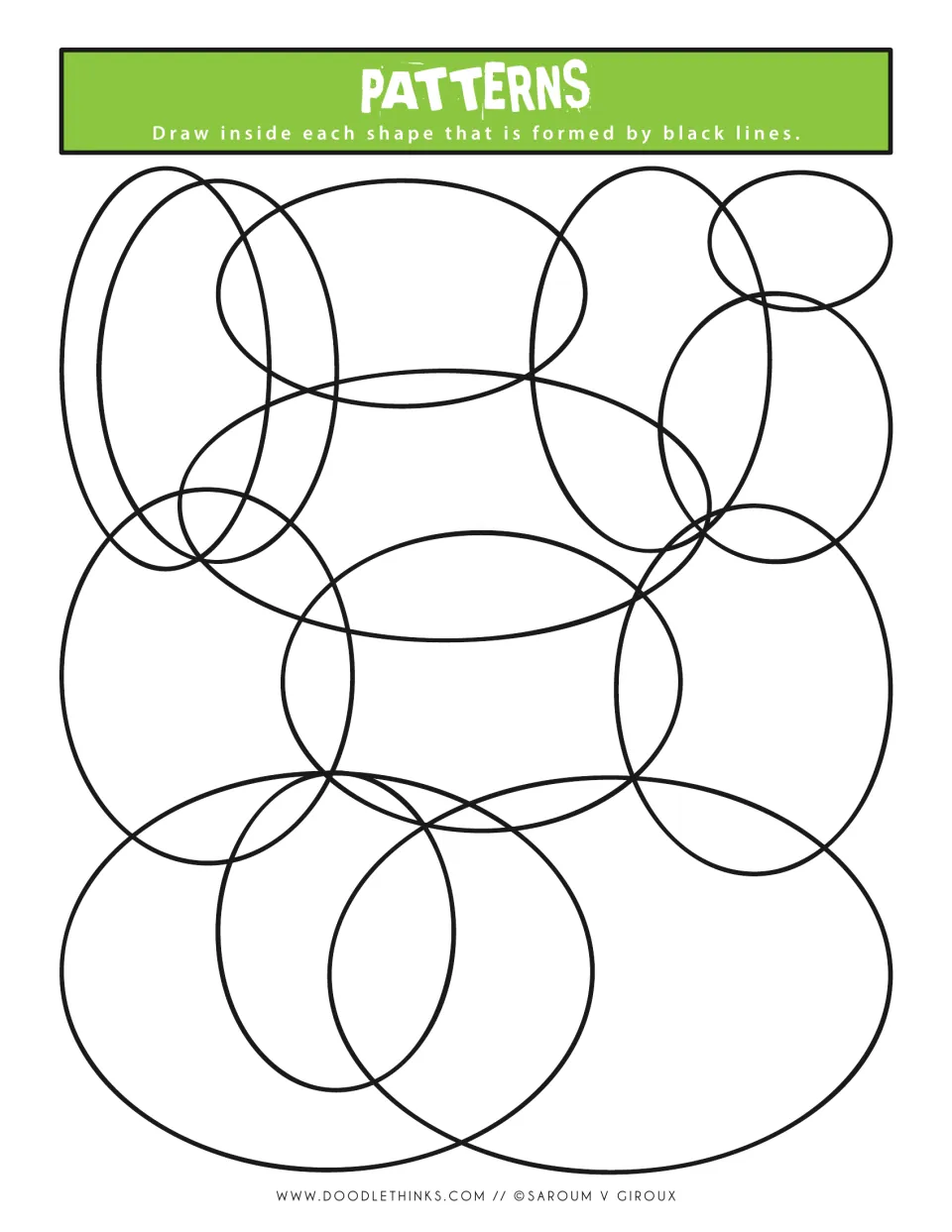 Patterns drawing prompt in green: students decorate each space made where tall and wide ovals overlap with varied designs