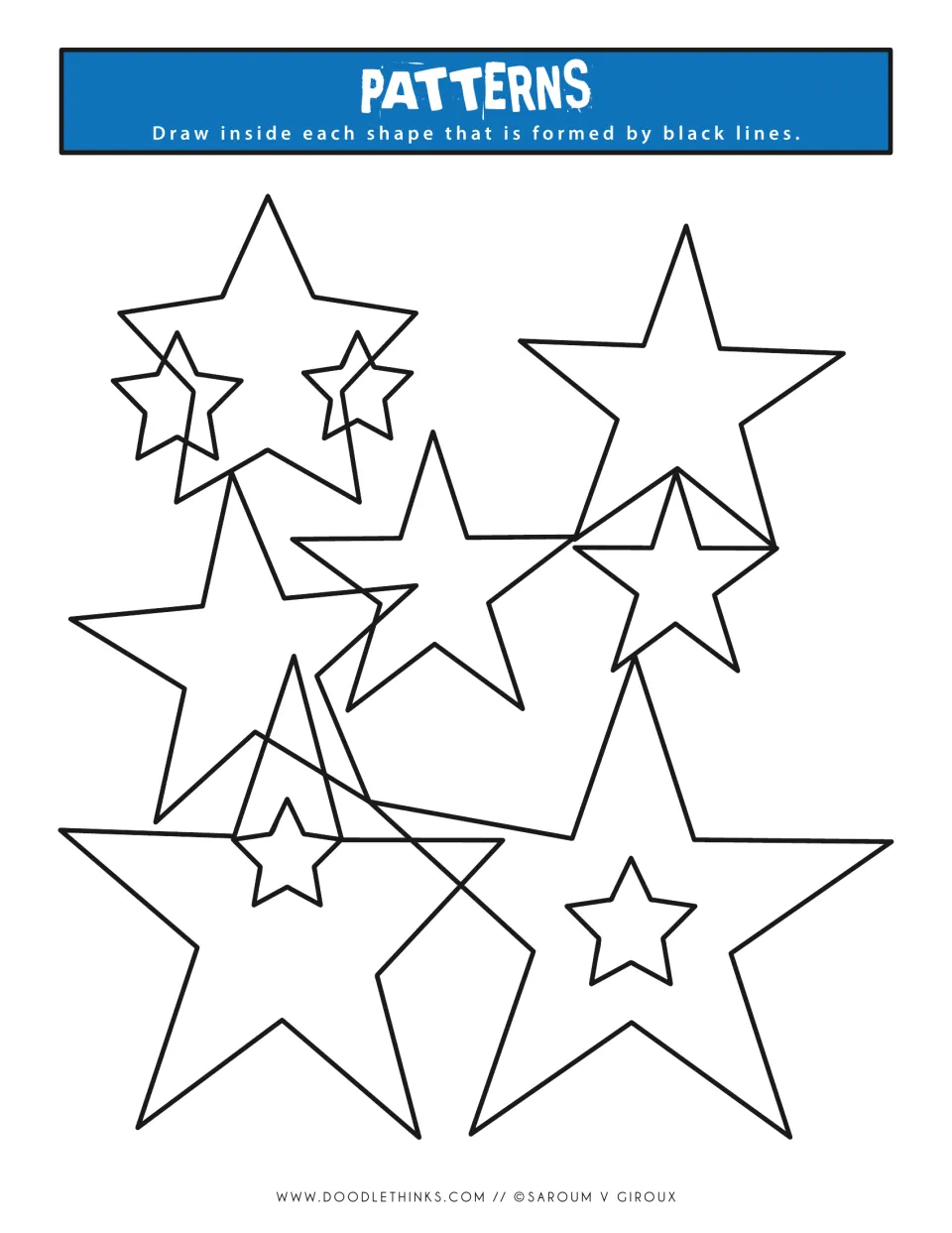 Patterns drawing prompt in blue: students fill each section of overlapping five-point stars, large and small, with designs