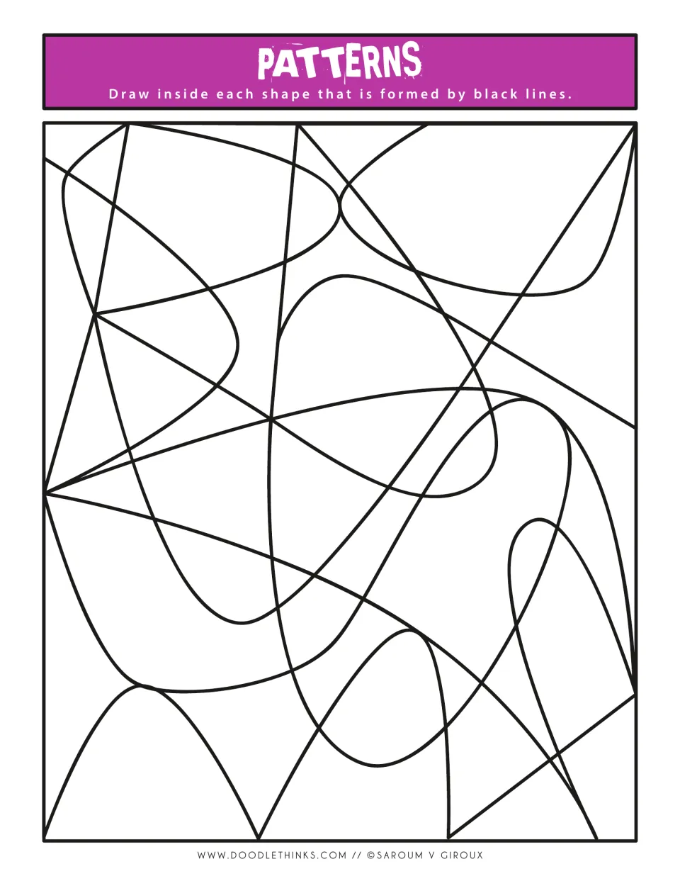 Patterns drawing prompt in purple: students draw designs inside spaces made by swooping curves crossing straight strokes