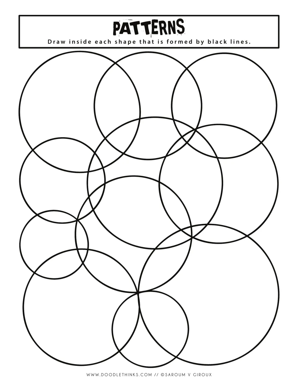 Black-and-white patterns prompt: students fill every space made by overlapping circles of many sizes with their own doodles