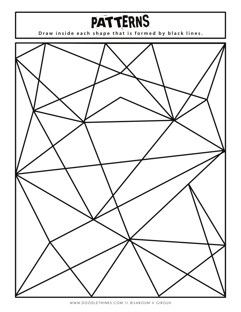 Black-and-white patterns prompt: students fill each triangle and angular space formed by crossing strokes with doodles