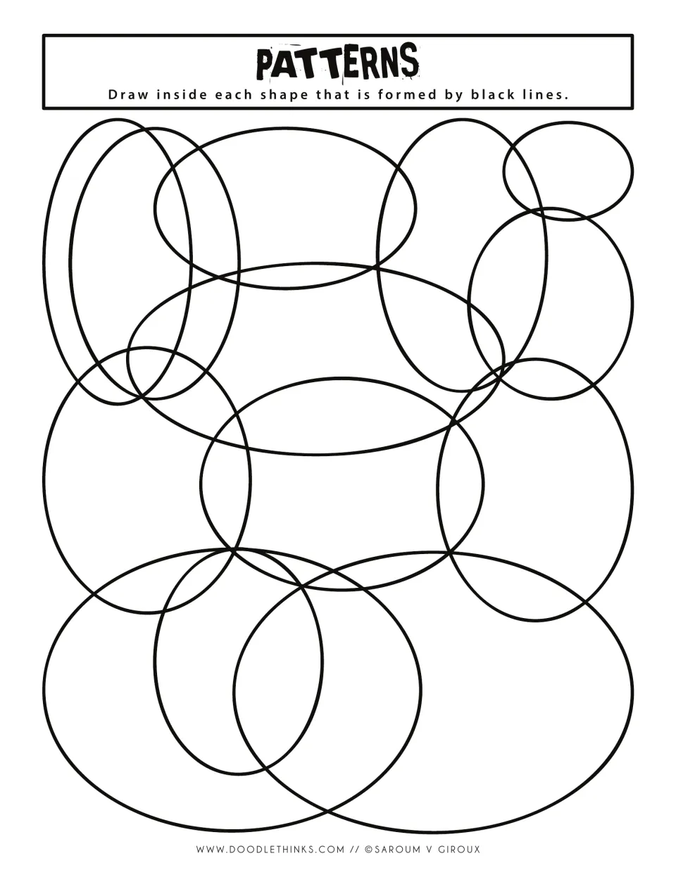 Black-and-white patterns prompt: students decorate each space made where tall and wide ovals overlap with varied doodles