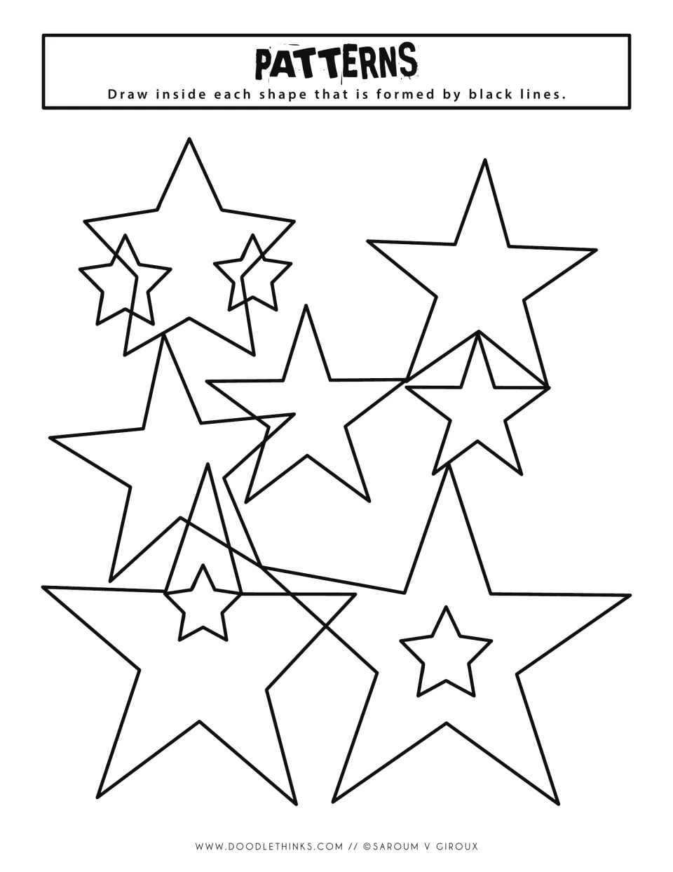 Black-and-white patterns prompt: students fill each section of overlapping five-point stars, large and small, with doodles