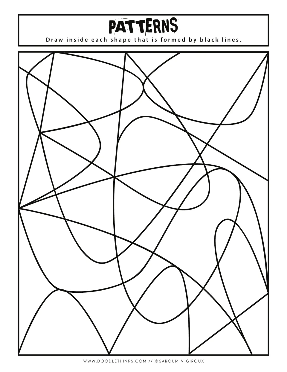 Black-and-white patterns prompt: students draw doodles inside spaces made by swooping curves crossing straight strokes